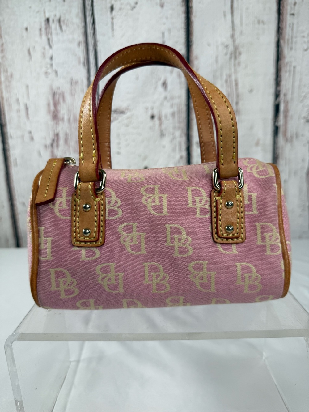 Vintage Dooney & Bourke Y2K Pink Mini Monogram Canvas Barrel Bag Purse - Picture 2 of 16